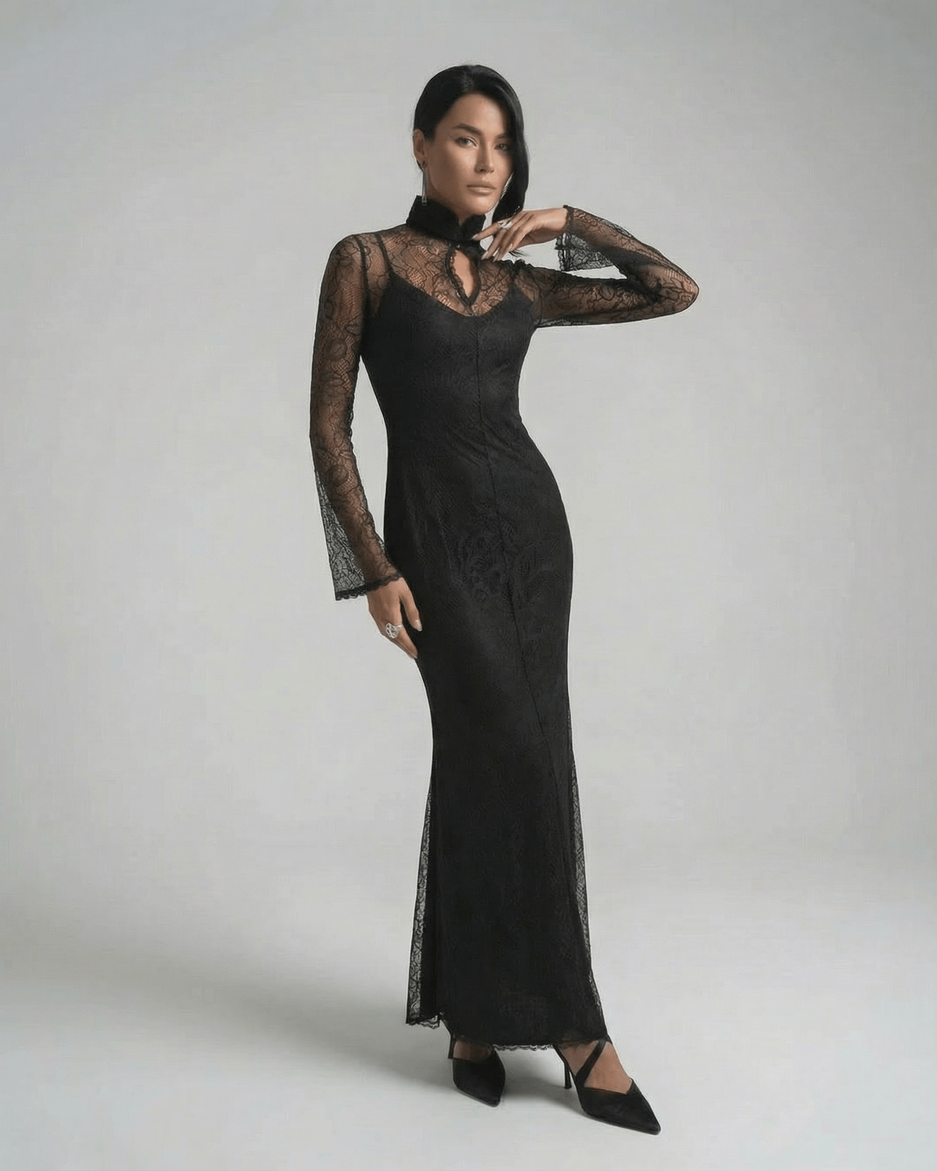 Noctavia Maxi Dress by Lauven - black lace long sleeve bodycon maxi dress with stand collar for elegance.