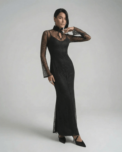 Noctavia Maxi Dress by Lauven - black lace long sleeve bodycon maxi dress with stand collar for elegance.