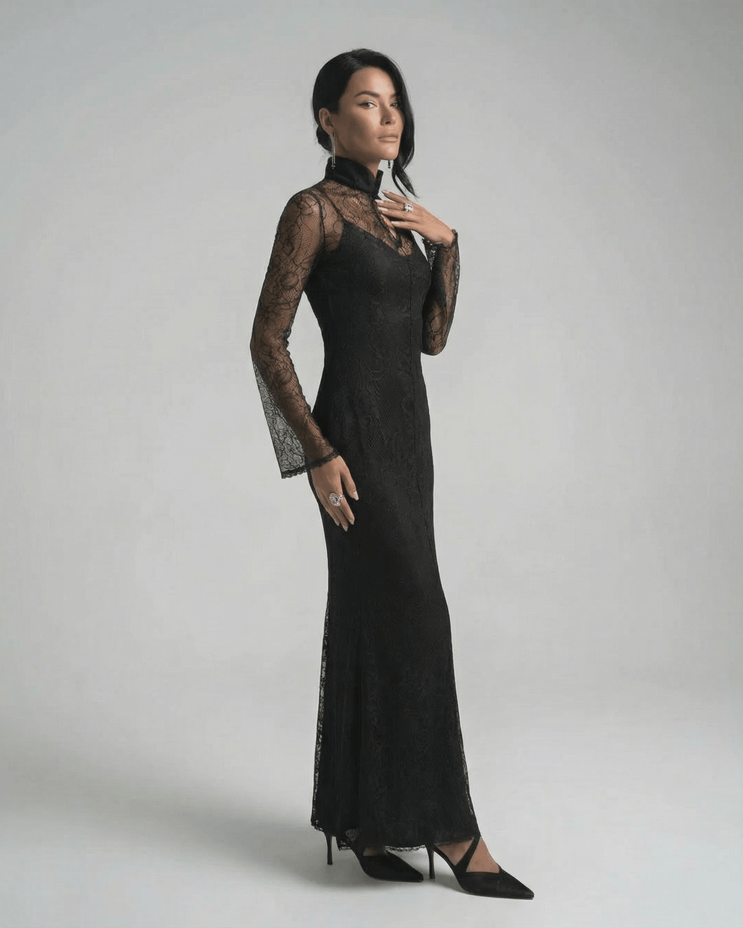 Noctavia Maxi Dress by Lauven, black lace long sleeve bodycon dress with stand collar, elegant floor-length design.