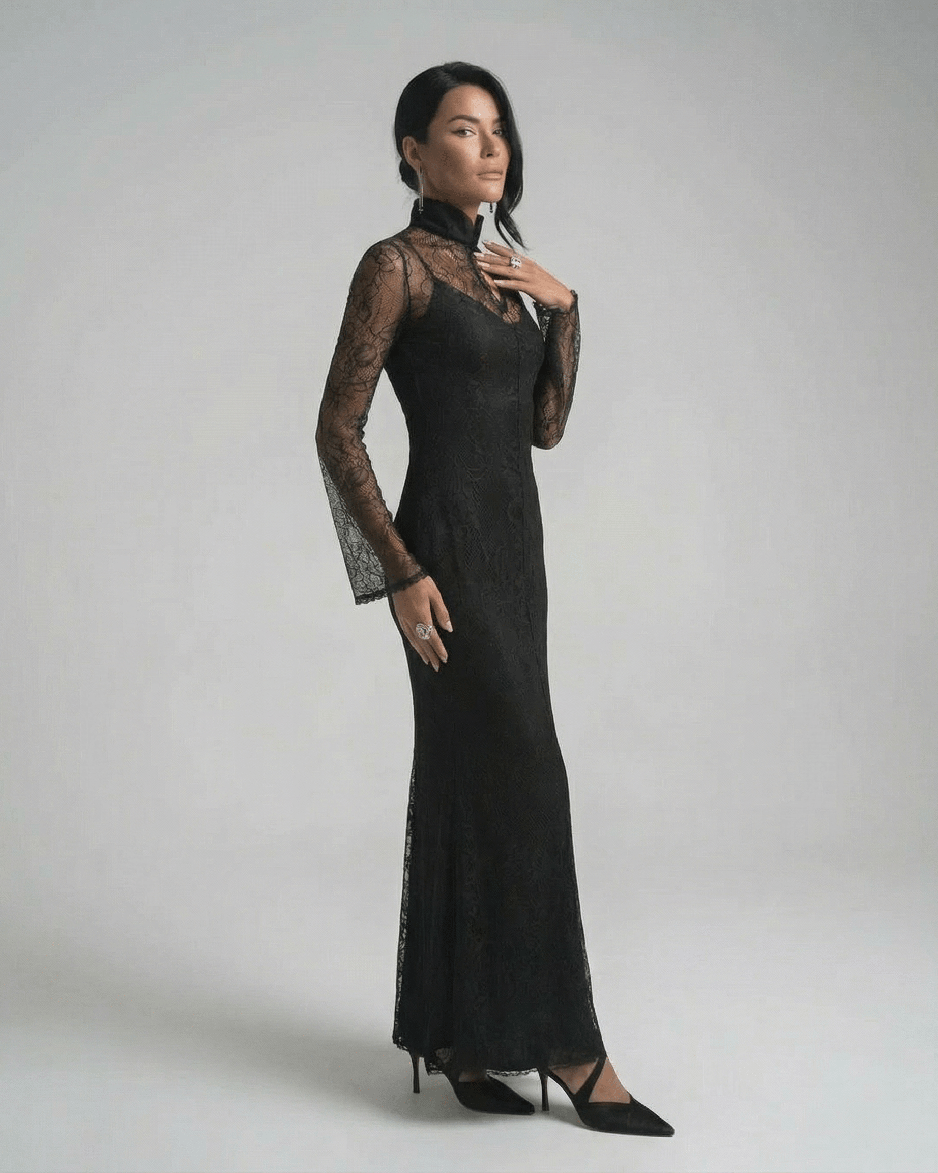 Noctavia Maxi Dress by Lauven, black lace long sleeve bodycon dress with stand collar, elegant floor-length design.