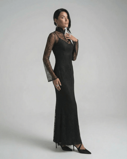 Noctavia Maxi Dress by Lauven, black lace long sleeve bodycon dress with stand collar, elegant floor-length design.