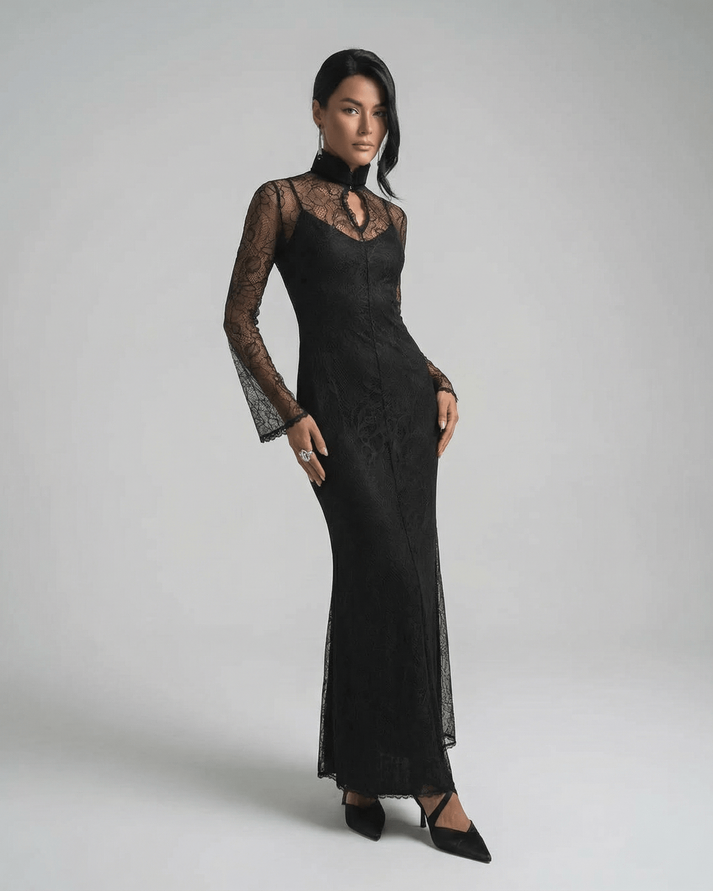 Noctavia Maxi Dress by Lauven — Black Lace Long Sleeve Bodycon Dress with Stand Collar