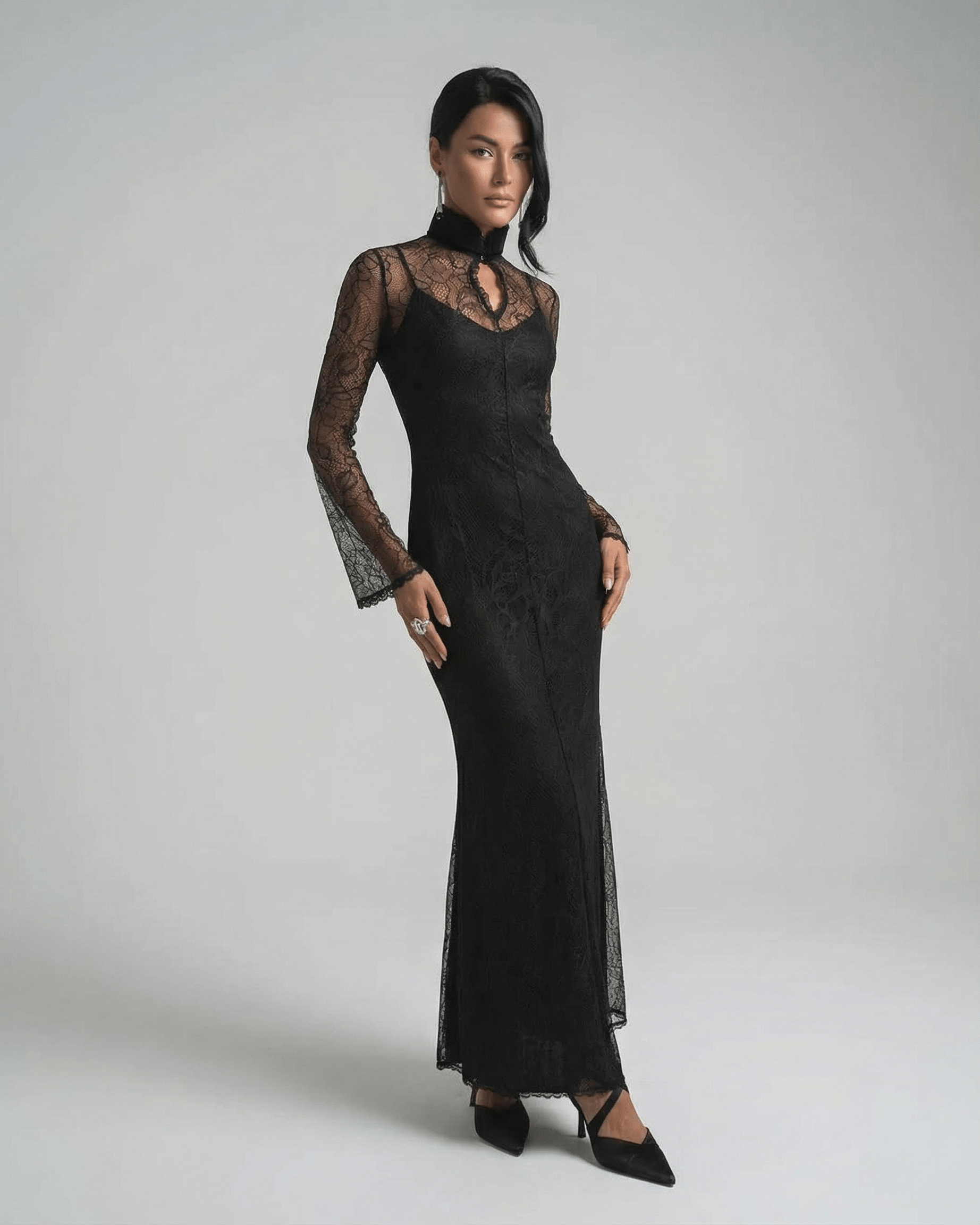 Noctavia Maxi Dress by Lauven — Black Lace Long Sleeve Bodycon Dress with Stand Collar