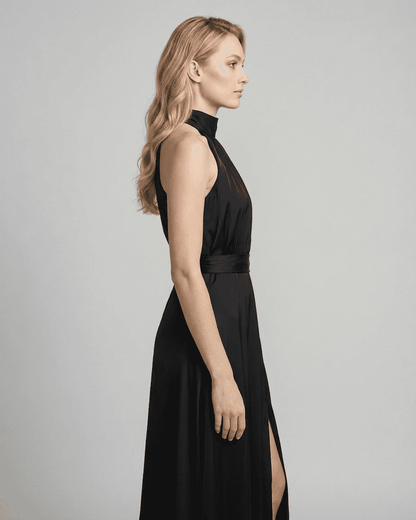 Noctis Maxi Dress by Lauven - Elegant sleeveless turtleneck design with high waist and side slit in timeless black.