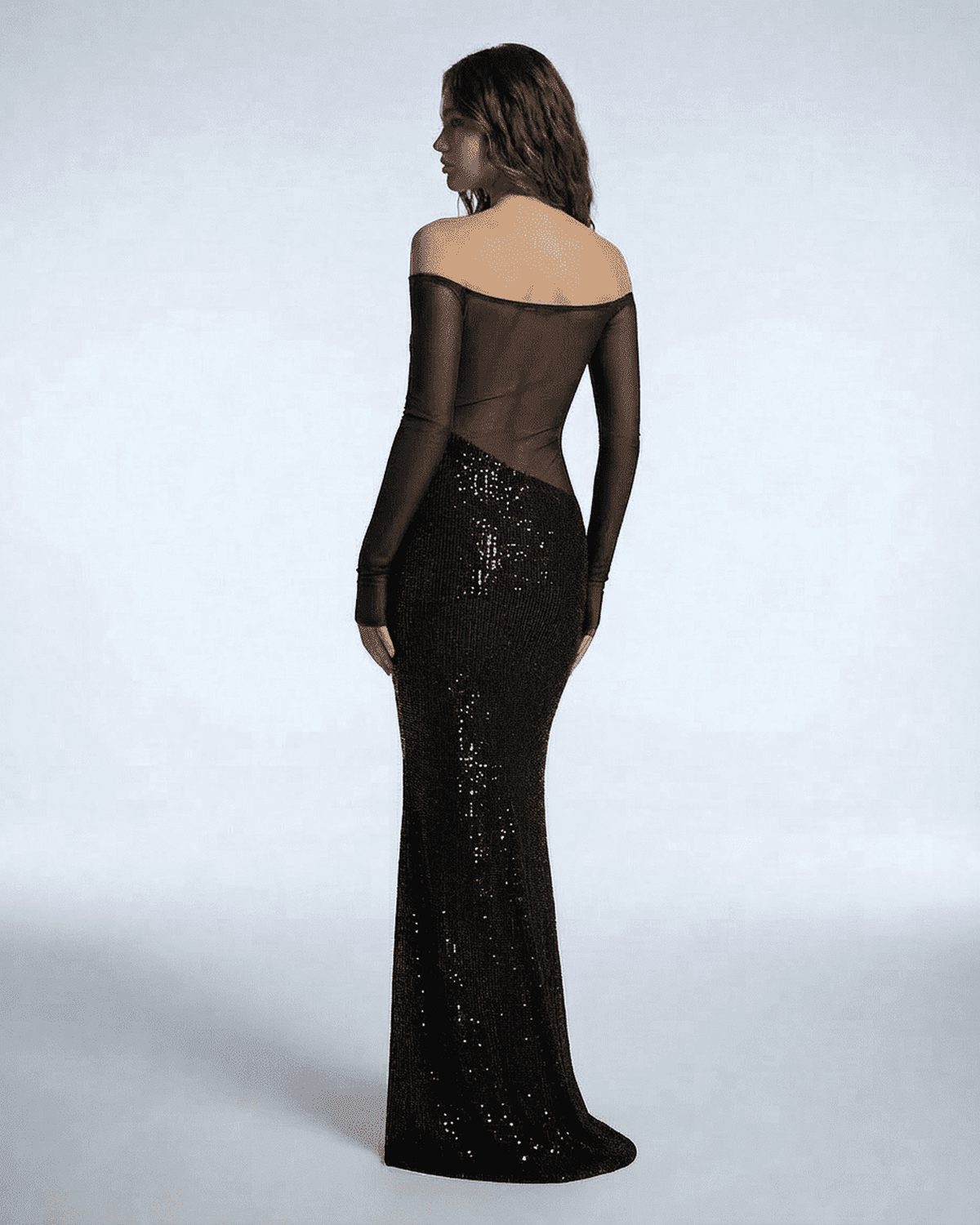 Noctura Maxi Dress by Lauven showcasing a fitted silhouette with black sequins and sheer mesh from the back view.