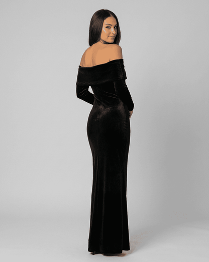 Noctura Maxi Dress by Lauven, off-shoulder bodycon dress showcasing a sleek silhouette and elegant long sleeves.