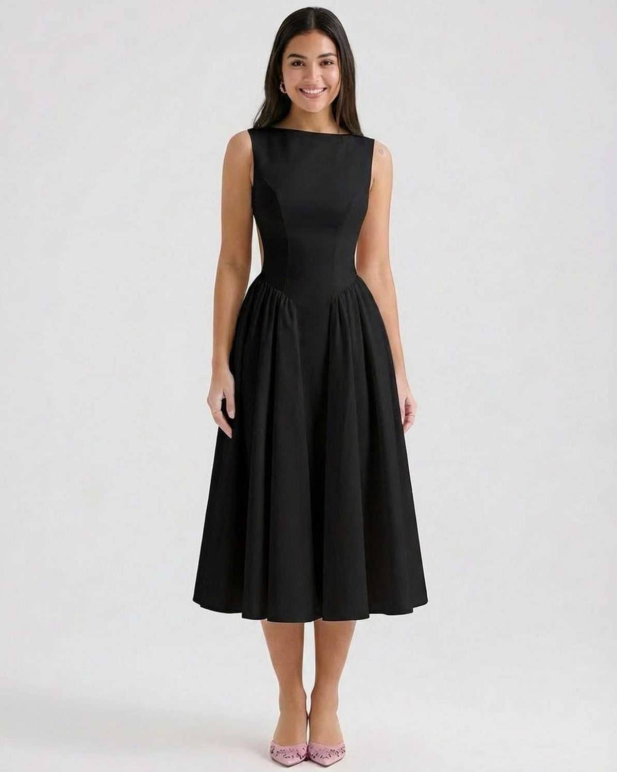 Noctura Midi Dress by Lauven, elegant A-line silhouette with open back, flattering waist-defining shape.