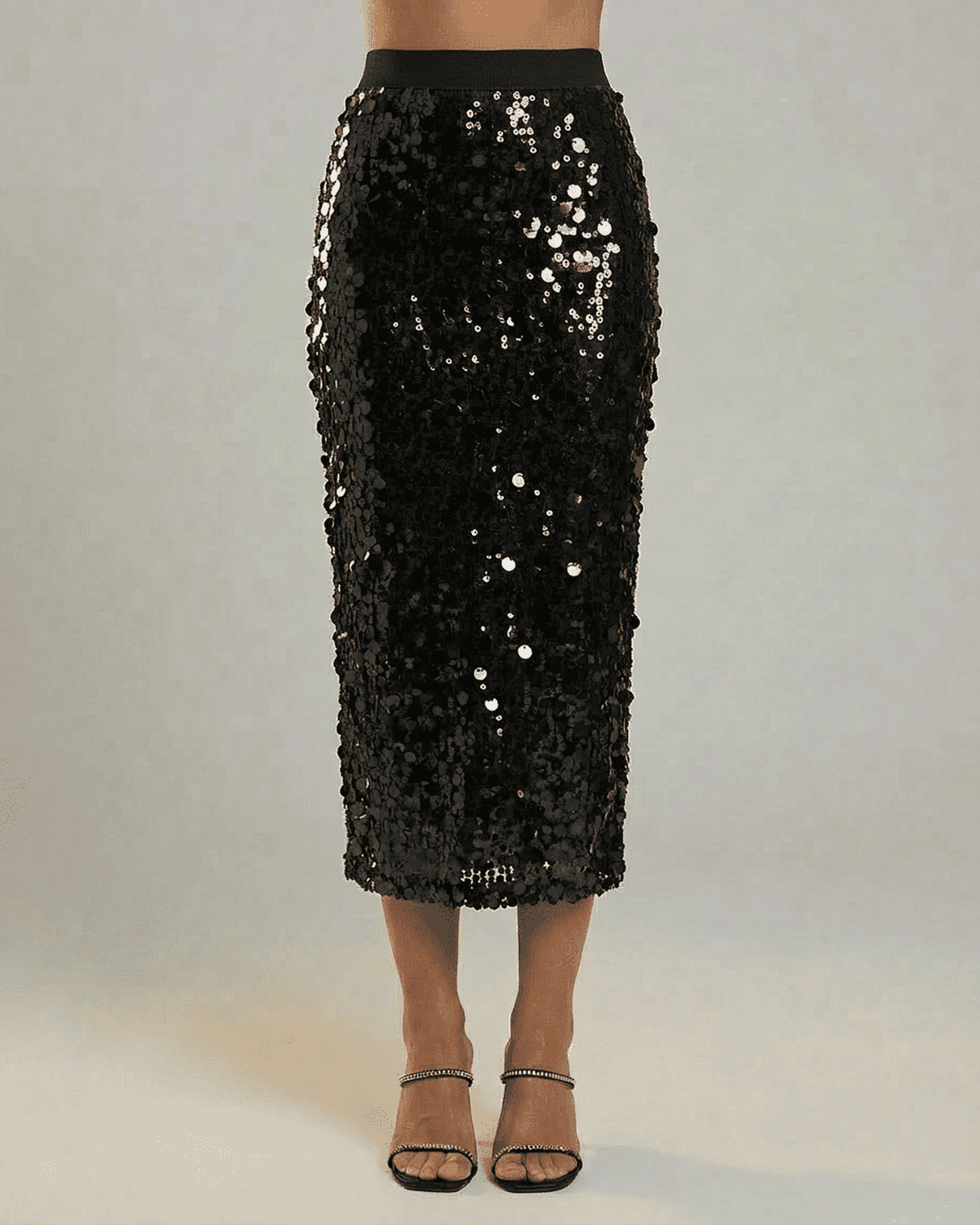Noctura Midi Skirt by Lauven - black sequin high waist bodycon midi skirt showcased.