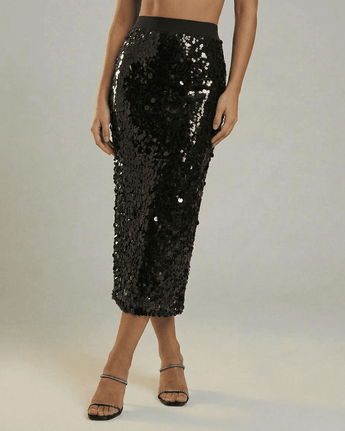 Noctura Midi Skirt by Lauven – Sequin high waist bodycon midi skirt in black, perfect for evening styling.
