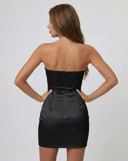 Noctura Mini Dress by Lauven - Strapless satin-effect mini dress showcasing structured fishbone bodice from the back.