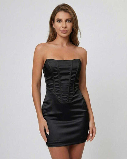 Noctura Mini Dress by Lauven, a strapless satin-effect pencil dress featuring a structured fishbone bodice in classic black.