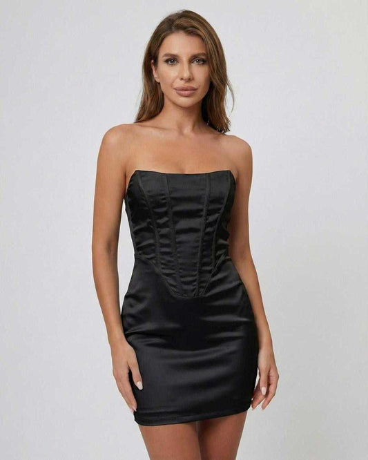 Noctura Mini Dress by Lauven, a strapless satin-effect pencil dress featuring a structured fishbone bodice in classic black.