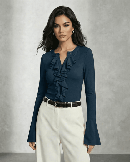 Nocturne Blouse by Lauven features long sleeves and ruffles for an elegant look in polished everyday dressing.