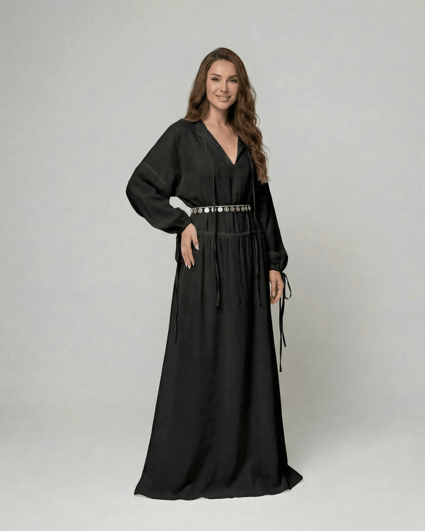 Nocturne Maxi Dress by Lauven, black cotton A-line dress with adjustable waist and long sleeves.