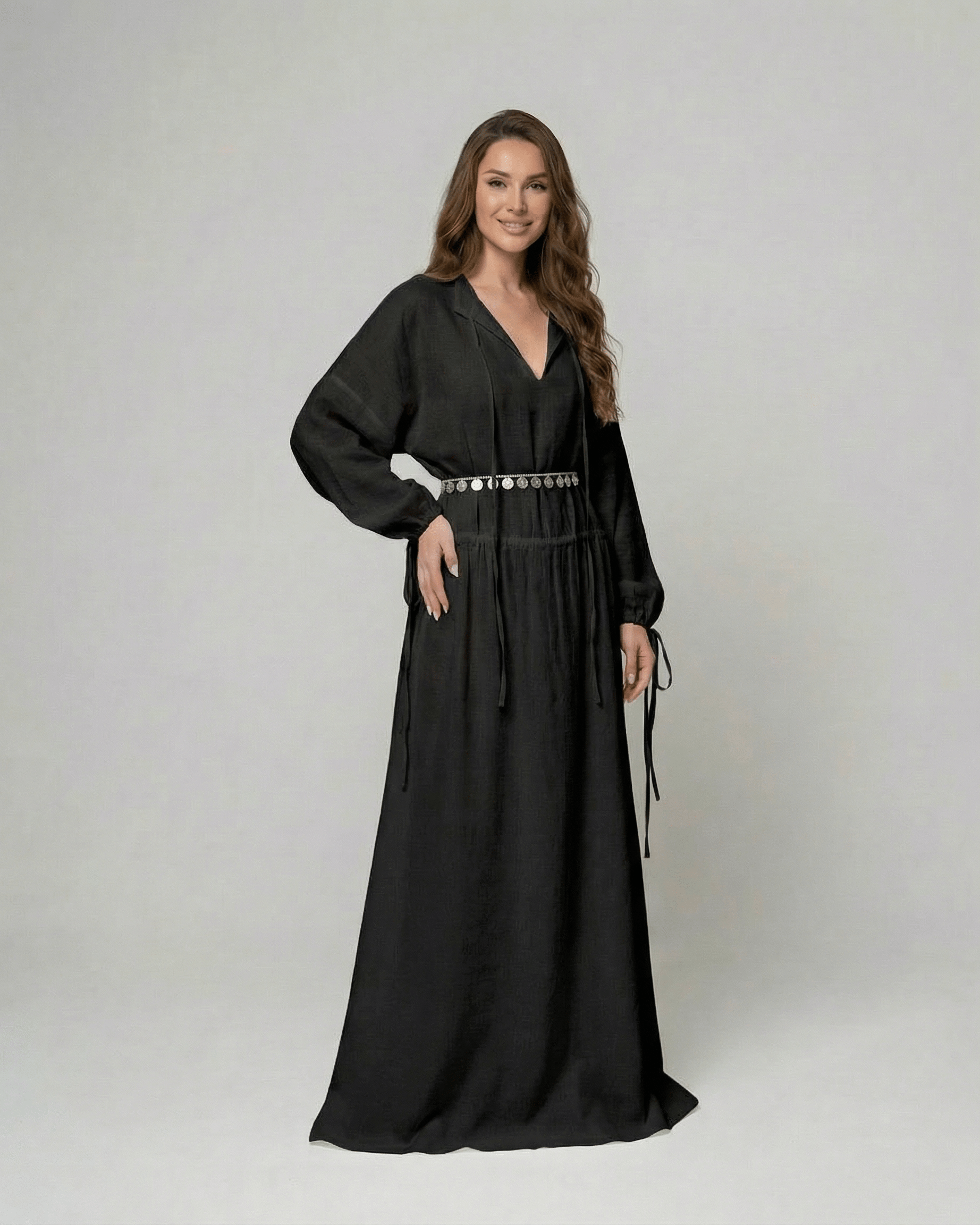 Nocturne Maxi Dress by Lauven, black cotton A-line dress with adjustable waist and long sleeves.