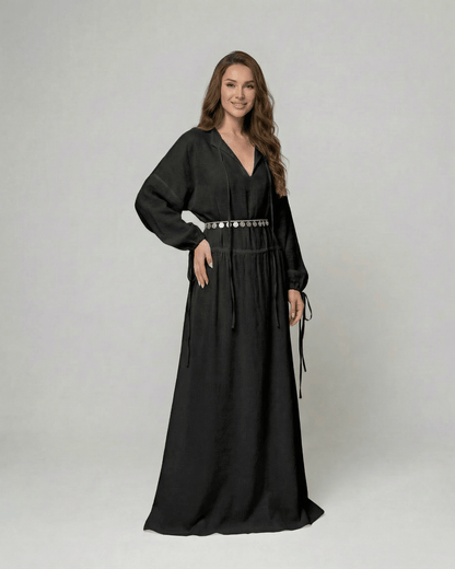 Nocturne Maxi Dress by Lauven, black cotton A-line dress with adjustable waist and long sleeves.