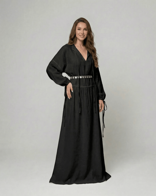 Nocturne Maxi Dress by Lauven, black cotton A-line dress with adjustable waist and long sleeves.