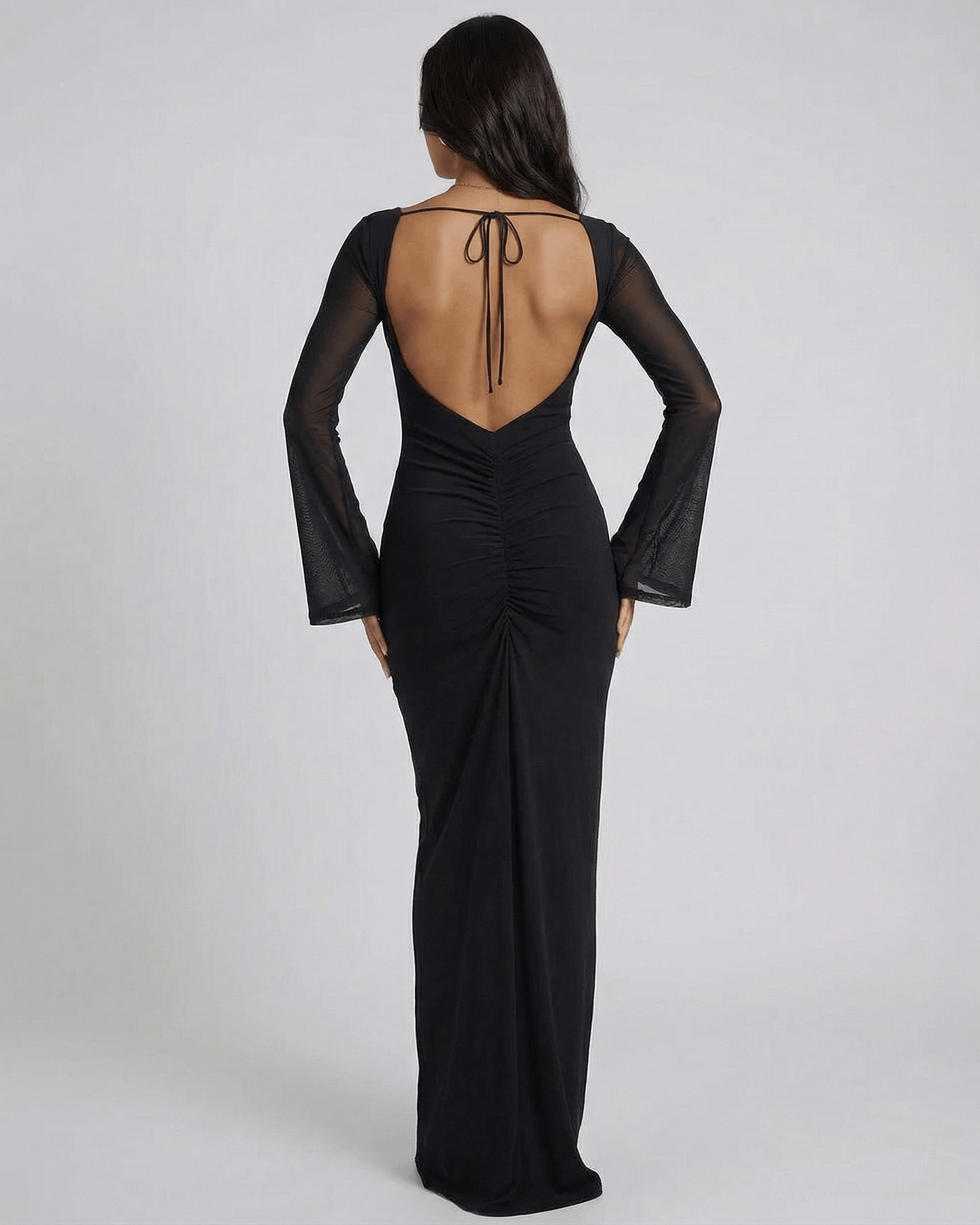 Back view of Lauven Nocturne Maxi Dress featuring sheer long sleeves and a low cut back, perfect for evening wear.