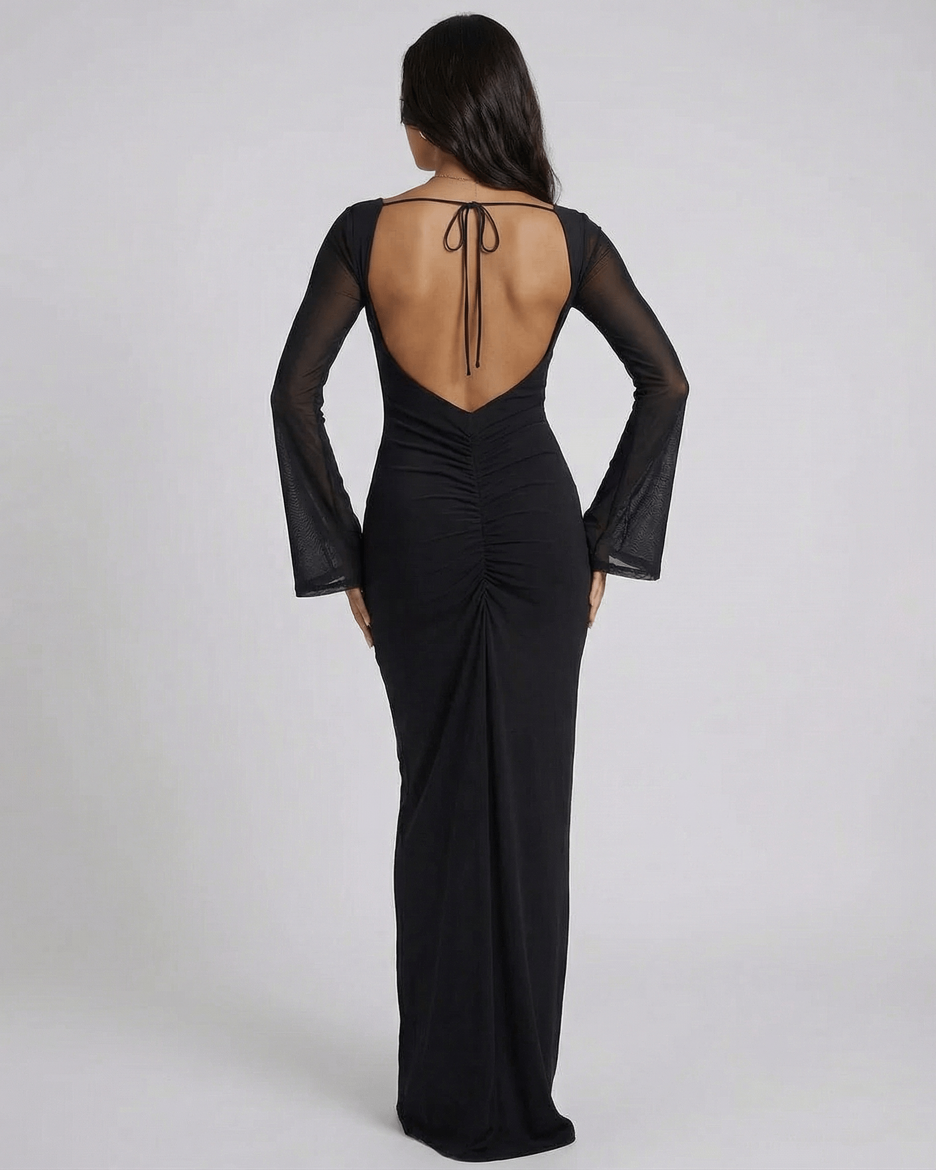 Back view of Lauven Nocturne Maxi Dress featuring sheer long sleeves and a low cut back, perfect for evening wear.