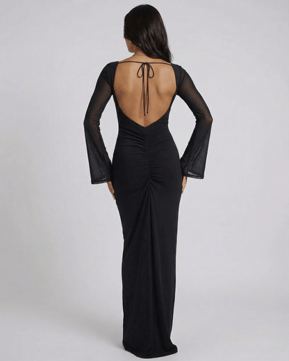 Back view of Lauven Nocturne Maxi Dress featuring sheer long sleeves and a low cut back, perfect for evening wear.