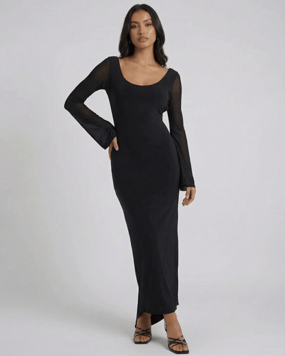 Nocturne Maxi Dress by Lauven - Black long sleeve sheath maxi dress with sheer detail and smooth silhouette.