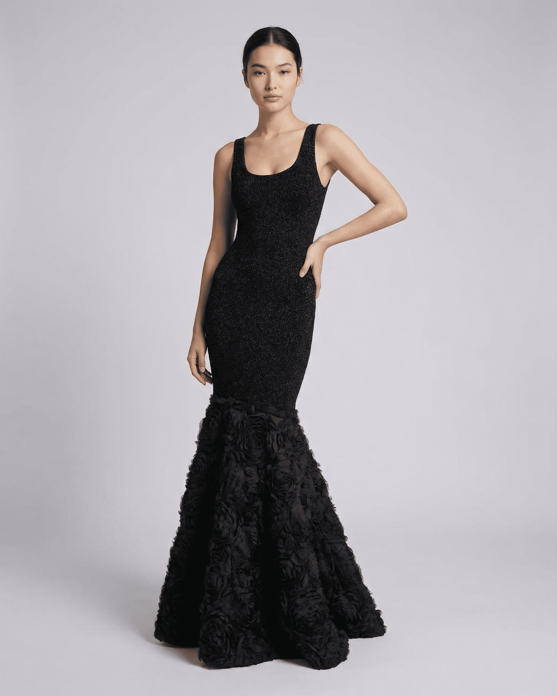 Lauven Nocturne Maxi Dress featuring a sculpted maxi silhouette with textured hem detail, elegant for evening wear.
