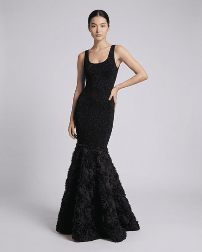 Lauven Nocturne Maxi Dress featuring a sculpted maxi silhouette with textured hem detail, elegant for evening wear.
