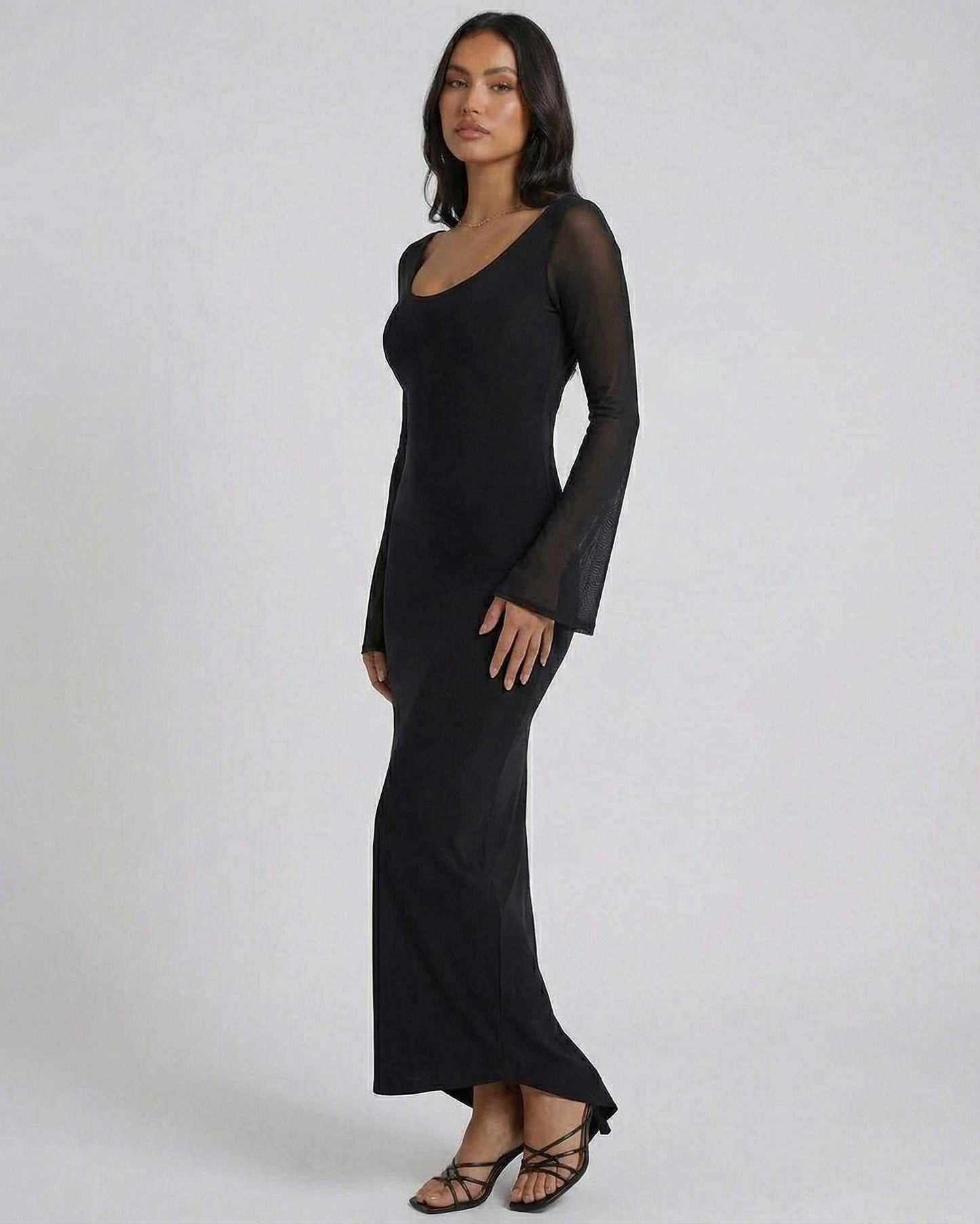 Nocturne Maxi Dress by Lauven - Elegant black long sleeve sheath dress with sheer detail, ideal for evening wear.