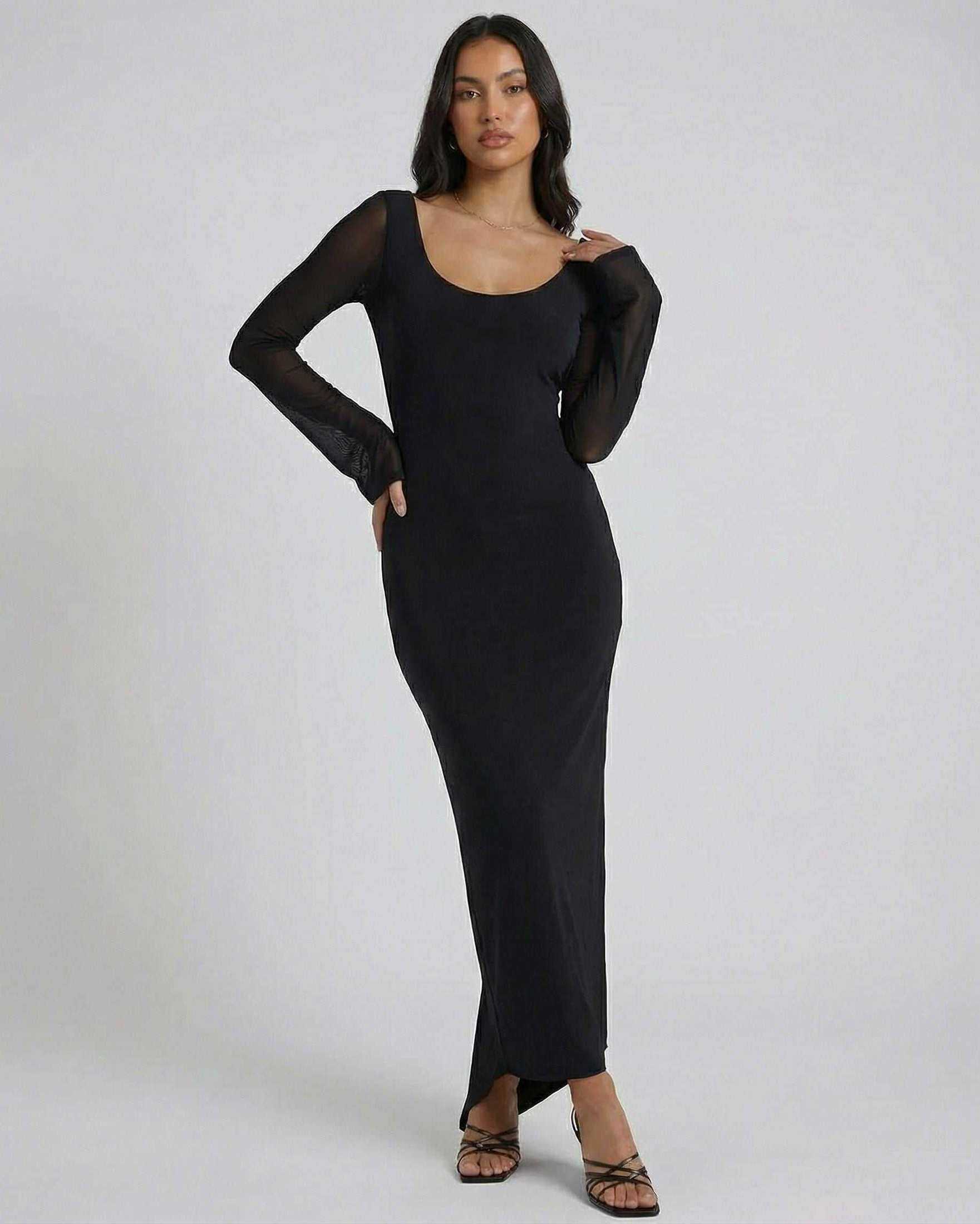 Nocturne Maxi Dress by Lauven - Elegant long sleeve black sheath maxi with sheer detail and sleek silhouette.