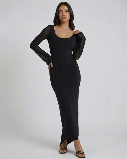 Nocturne Maxi Dress by Lauven - Elegant long sleeve black sheath maxi with sheer detail and sleek silhouette.