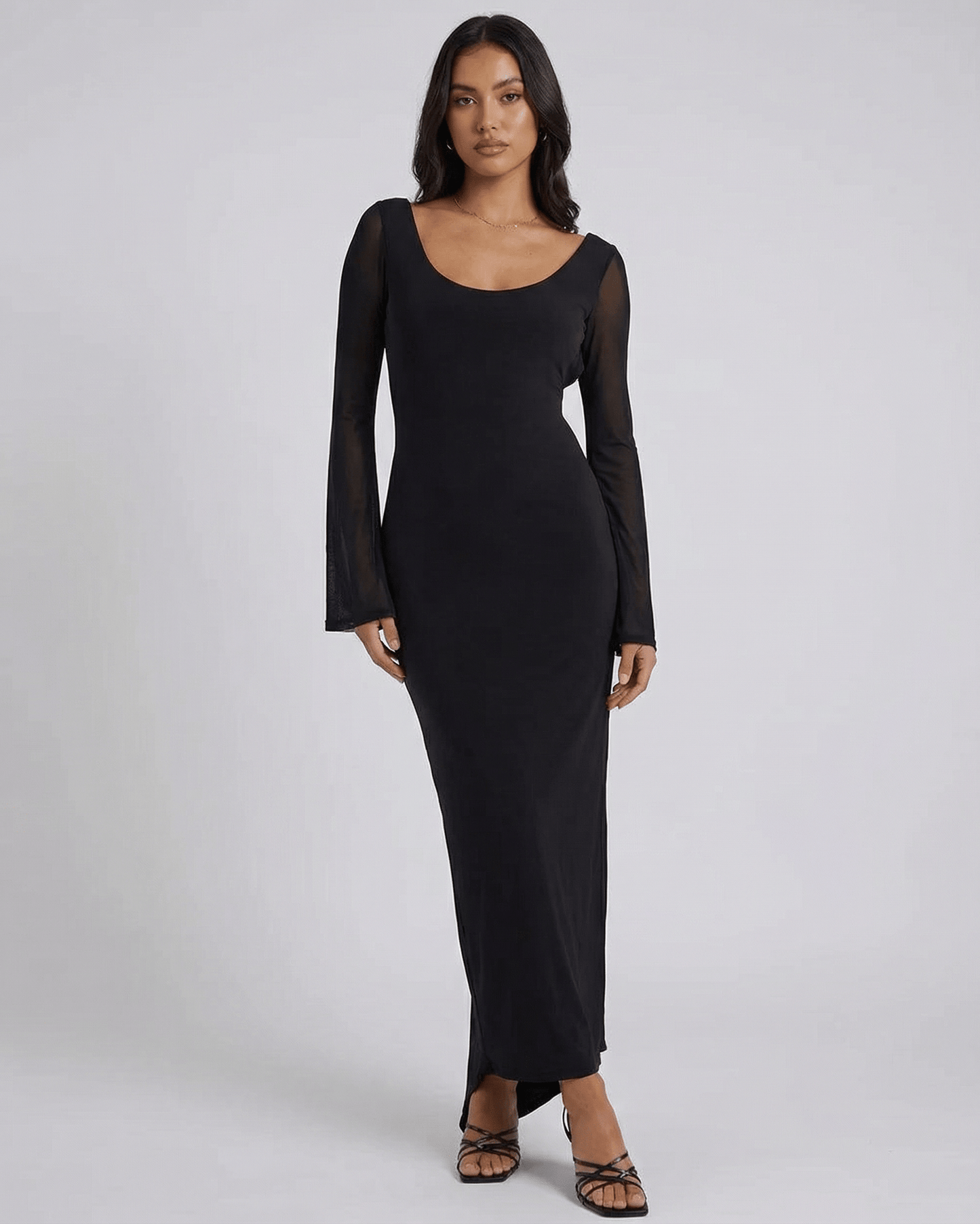 Nocturne Maxi Dress by Lauven - Long sleeve black sheath maxi with sheer details, perfect for evening styling.