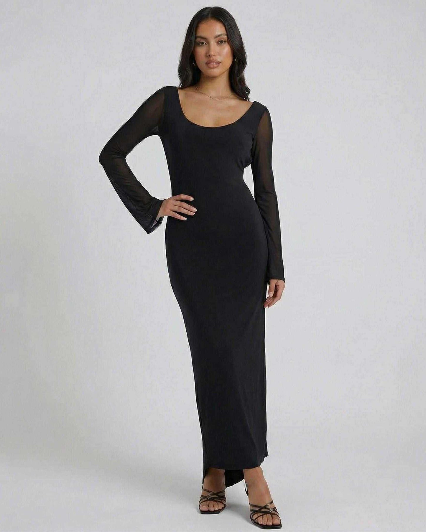 Nocturne Maxi Dress by Lauven, long sleeve black sheath maxi dress with sheer detail, perfect for evening styling.