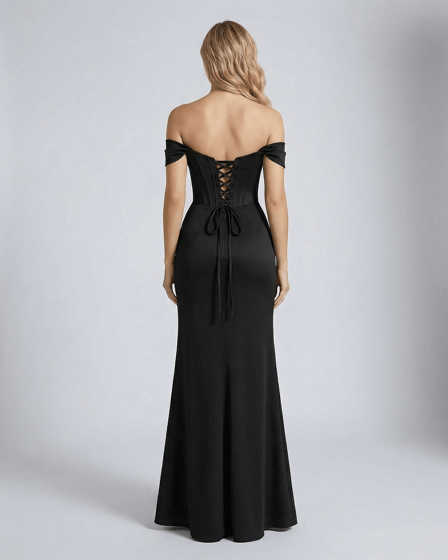 Nocturne Maxi Dress from Lauven showcasing off-shoulder design and corset back detail.