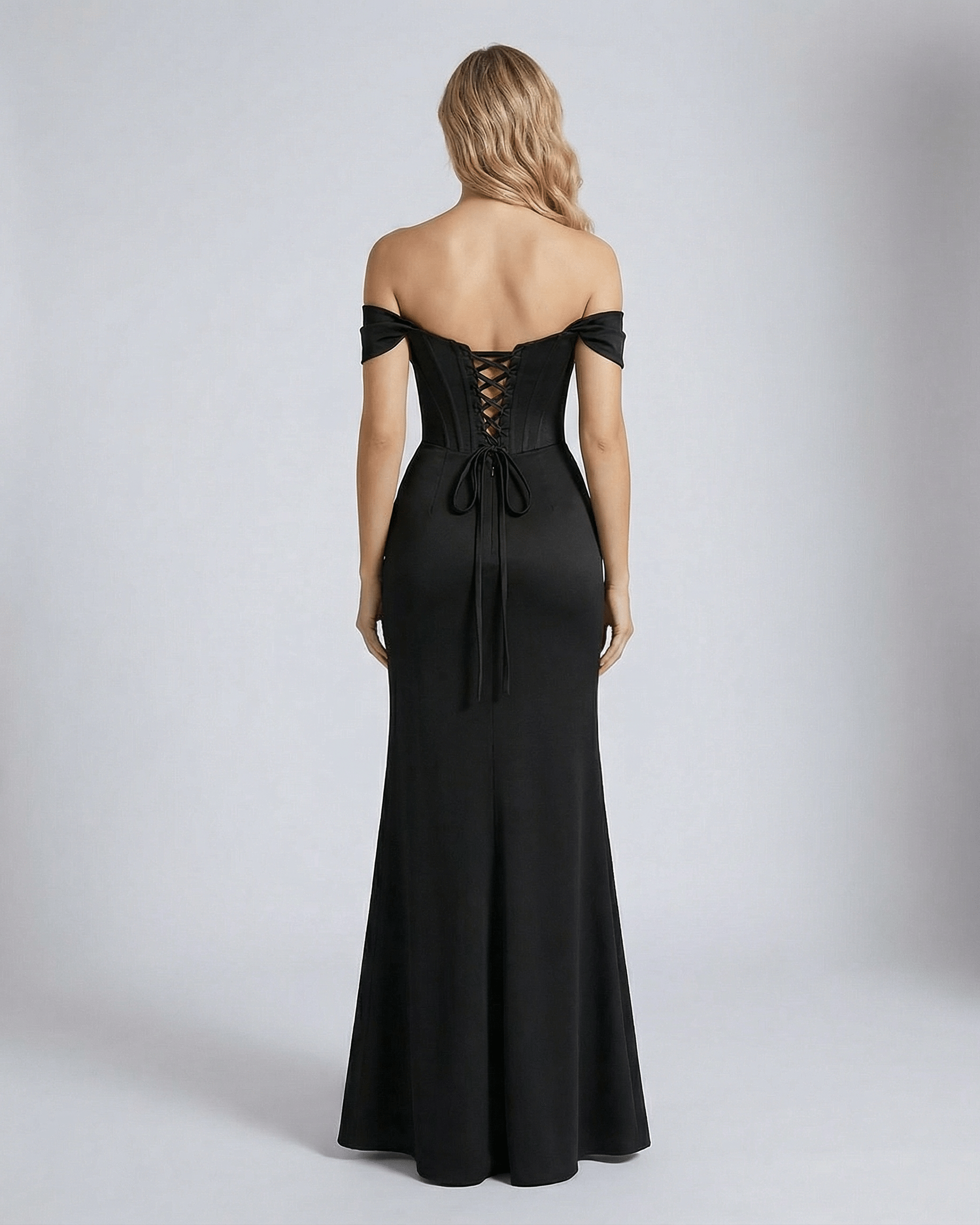 Nocturne Maxi Dress from Lauven showcasing off-shoulder design and corset back detail.