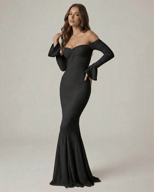 Nocturne Maxi Dress by Lauven, elegant off-the-shoulder lace mermaid maxi with long sleeves in classic black.