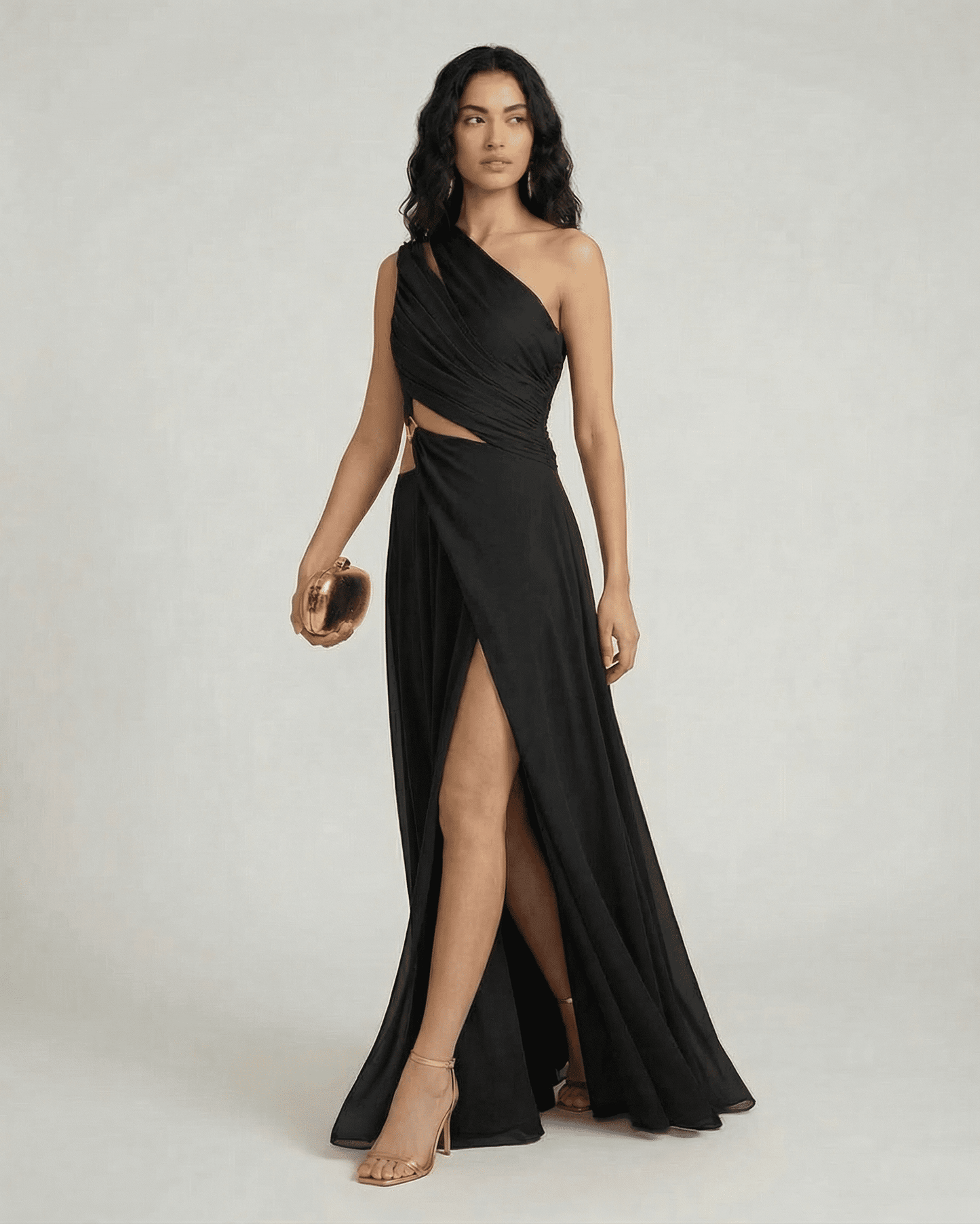 Nocturne Maxi Dress by Lauven, one shoulder black maxi dress with elegant side slit and high waist.