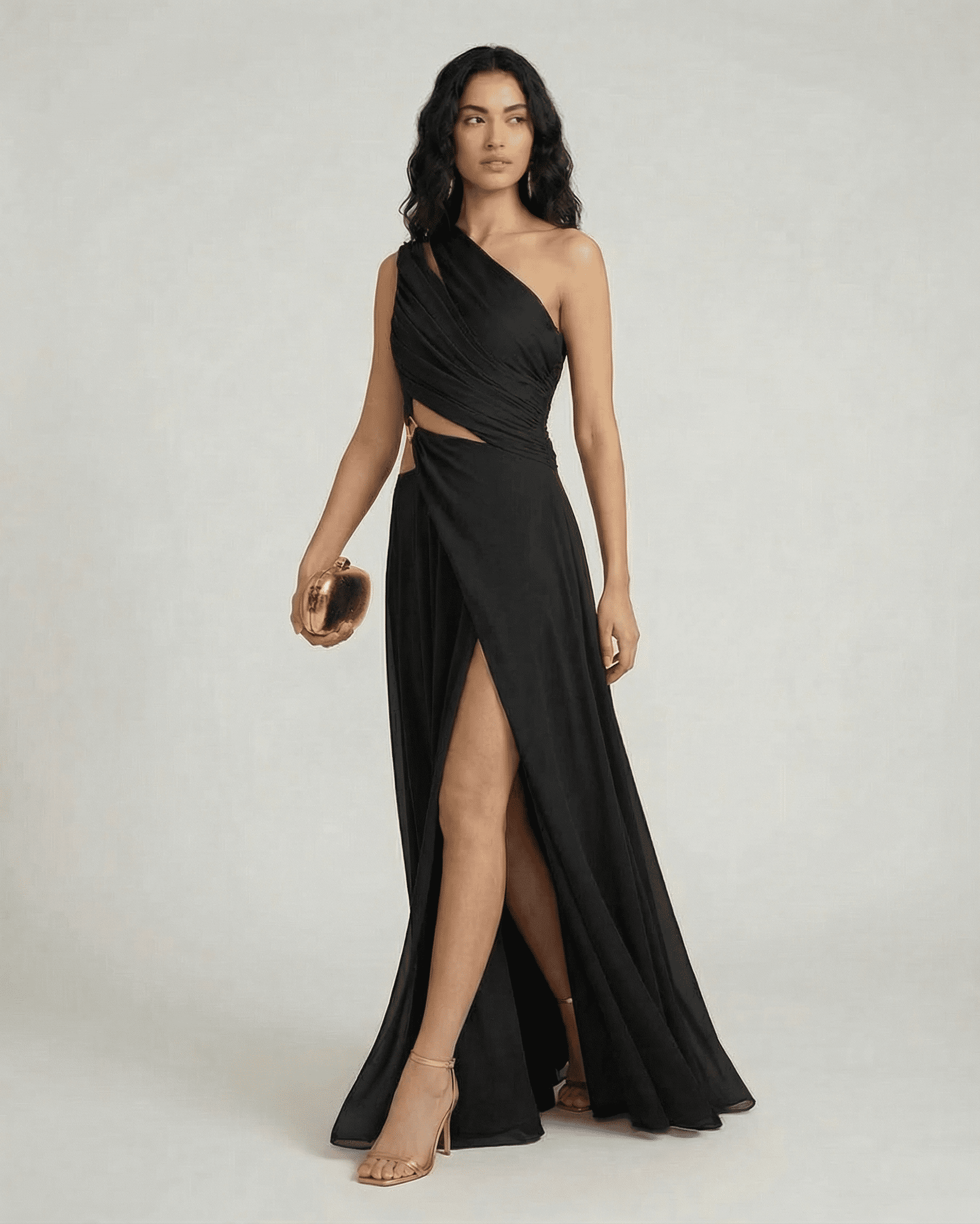 Nocturne Maxi Dress by Lauven, one shoulder black maxi dress with elegant side slit and high waist.