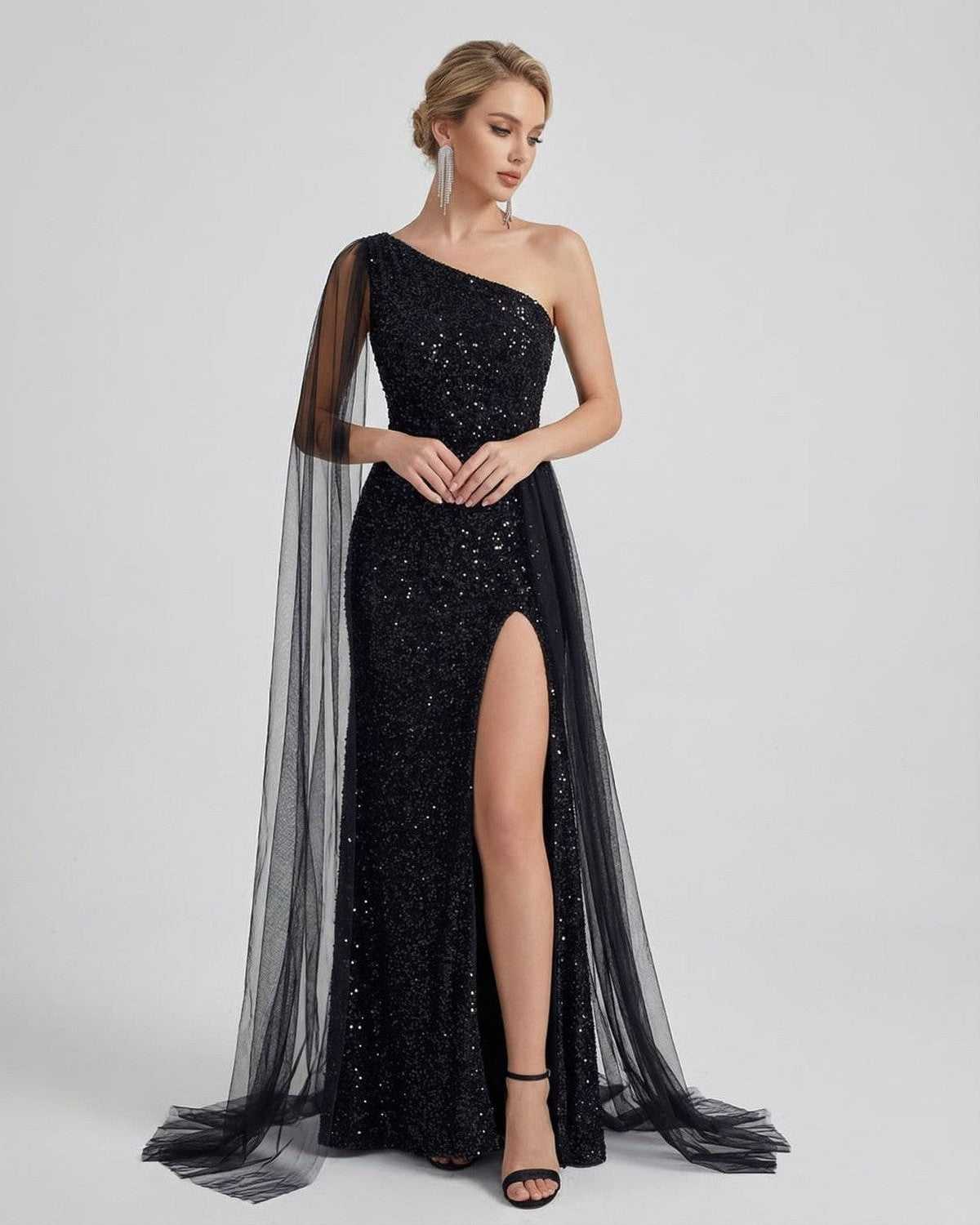 Nocturne Maxi Dress by Lauven - One shoulder black sequined dress with sheer mesh drape and high slit.