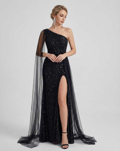 Nocturne Maxi Dress by Lauven - One shoulder black sequined dress with sheer mesh drape and high slit.