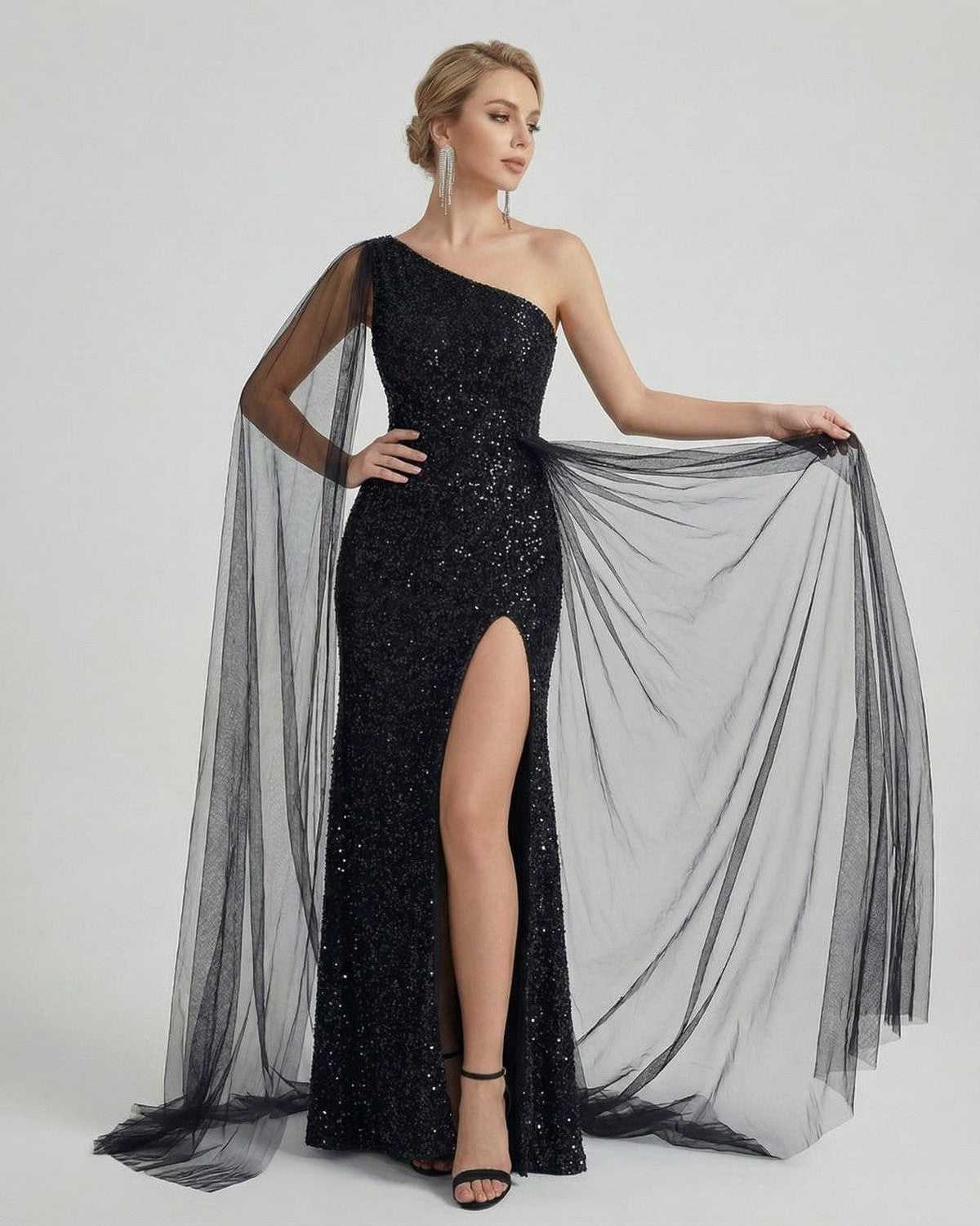 Nocturne Maxi Dress by Lauven - One shoulder sequin design with sheer mesh drape and high slit for a stunning evening look.