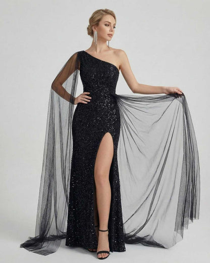 Nocturne Maxi Dress by Lauven - One shoulder sequin design with sheer mesh drape and high slit for a stunning evening look.