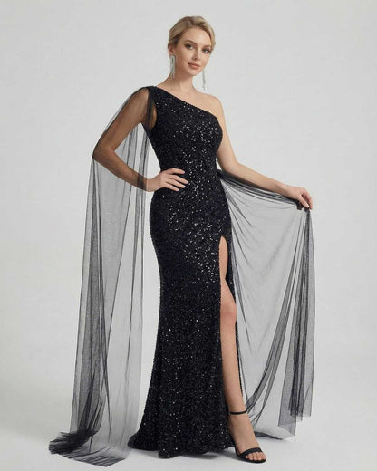 Nocturne Maxi Dress by Lauven — One shoulder sequin maxi dress with sheer mesh drape, showcasing elegance and style.
