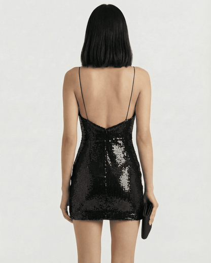 Nocturne Mini Dress by Lauven - Black sequin V-neck mini dress with open back view.