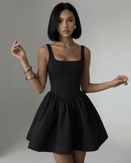 Nocturne Mini Dress by Lauven, black structured corset mini with square neckline and flared skirt.