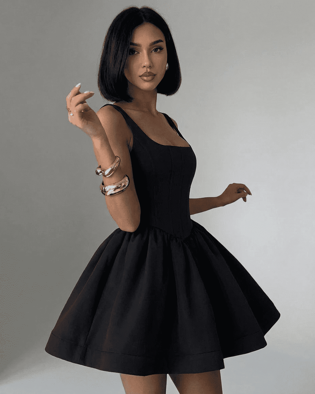 Nocturne Mini Dress by Lauven in black with structured corset style and square neckline, featuring a flared skirt.