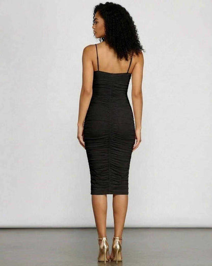 Noctyra Midi Dress by Lauven, showcasing the back view of a ruched bodycon silhouette.