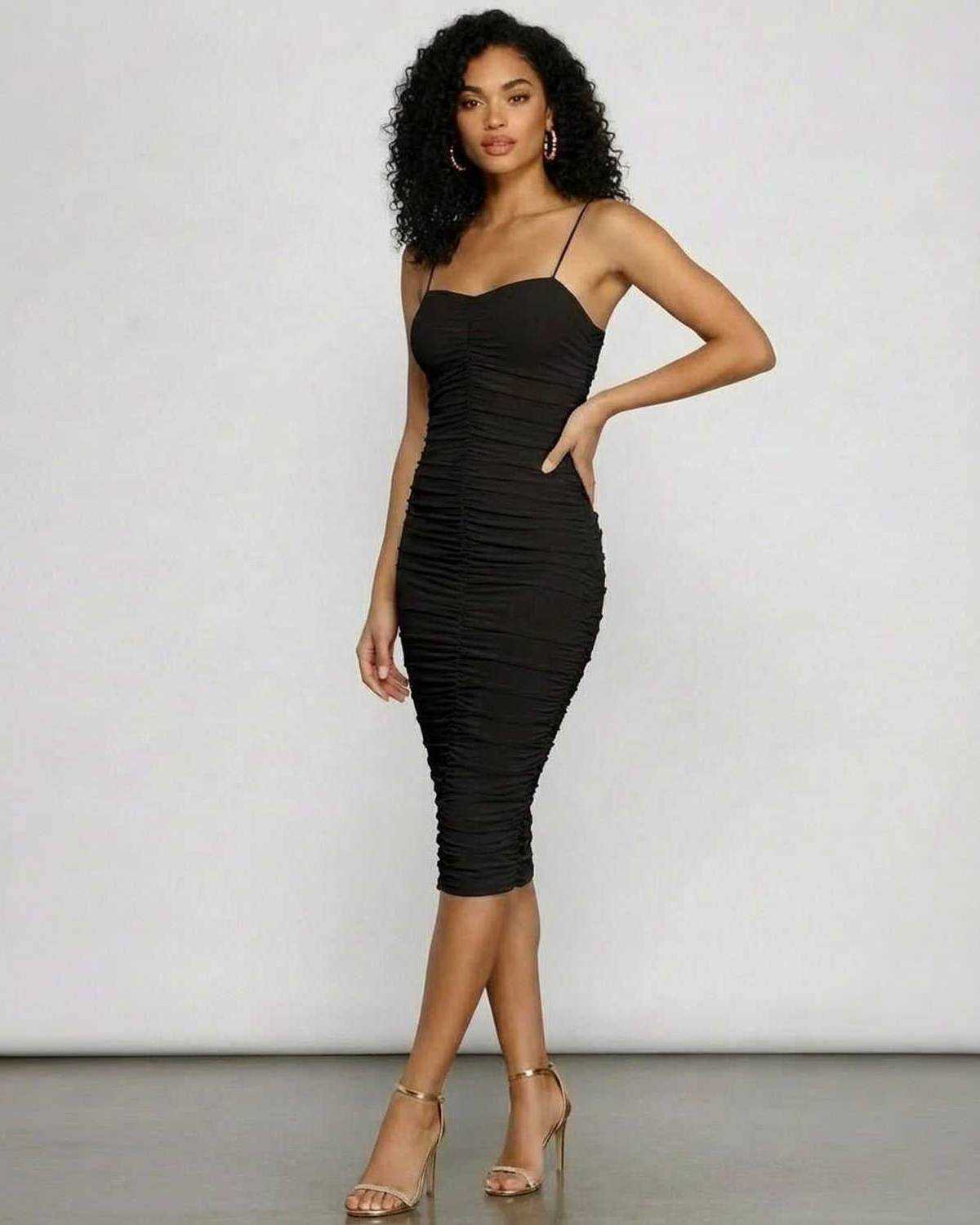 Lauven Noctyra Midi Dress - Sweetheart Ruched Bodycon Silhouette in Black, perfect for a night out.