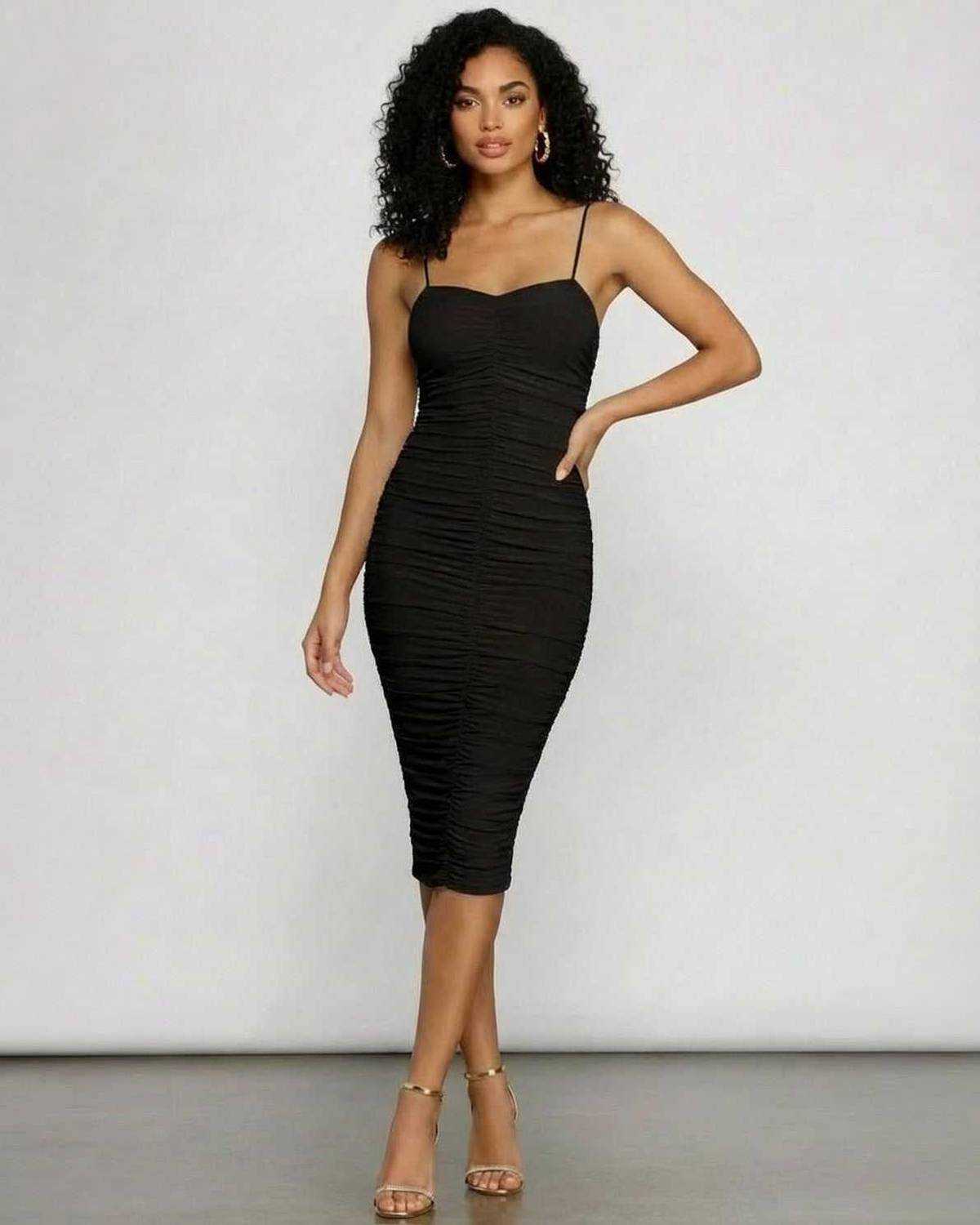Noctyra Midi Dress by Lauven, featuring a sweetheart neckline and ruched bodycon silhouette.