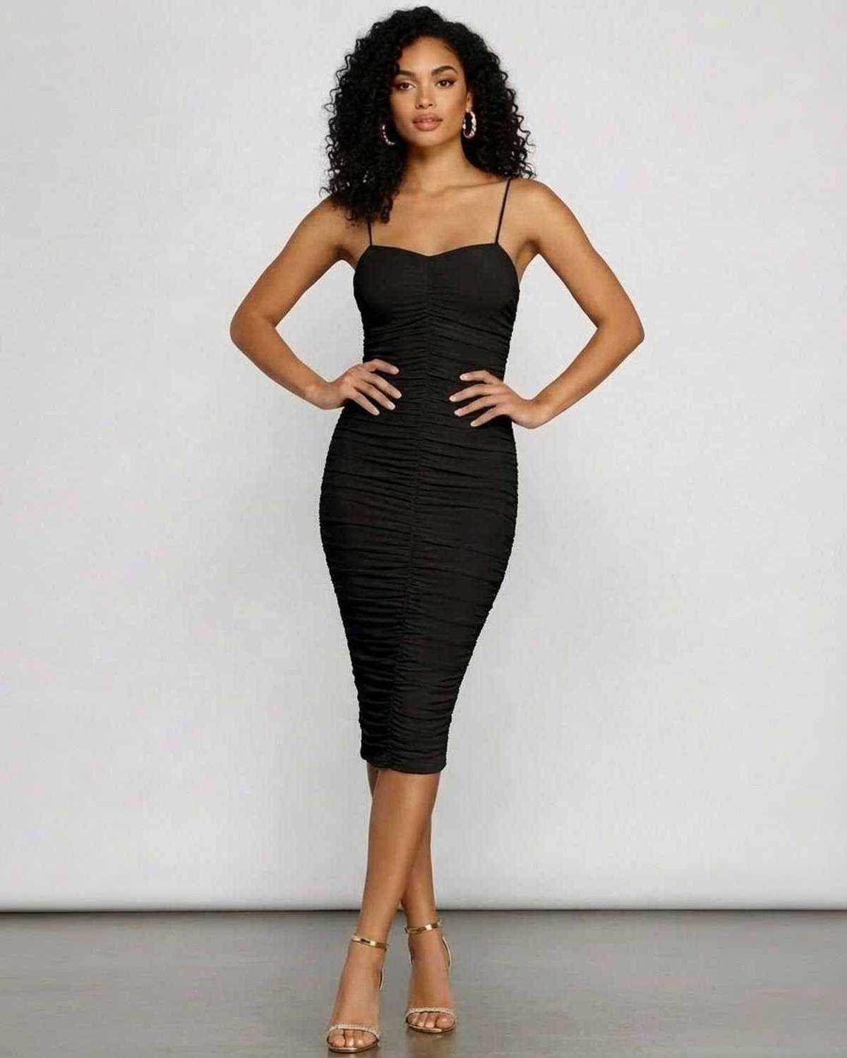 Noctyra Midi Dress by Lauven, sleeveless sweetheart neckline, ruched bodycon silhouette, perfect for a night out.