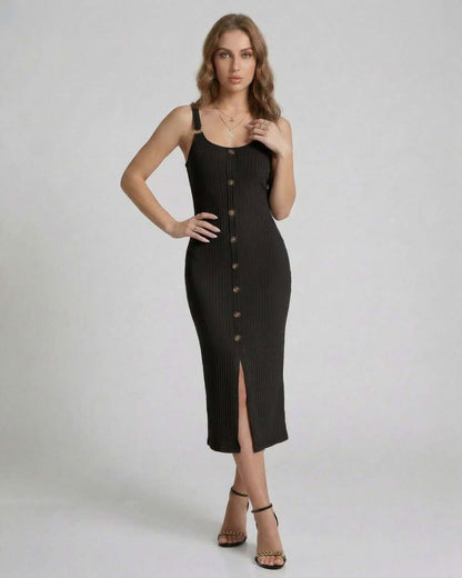 Noemi Midi Dress by Lauven - Black ribbed sleeveless midi dress with button front and front split.